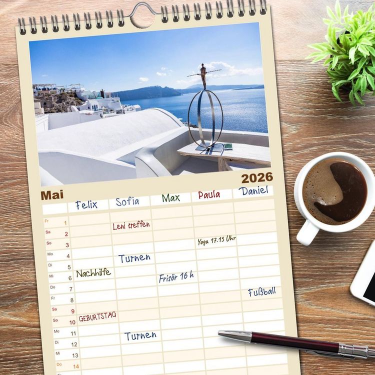 Produktbild: Familienplaner 2026 - Santorini - K&ouml;nigin der Kykladen mit 5 Spalten (Wandkalender, 21 x 45 cm) CALVENDO