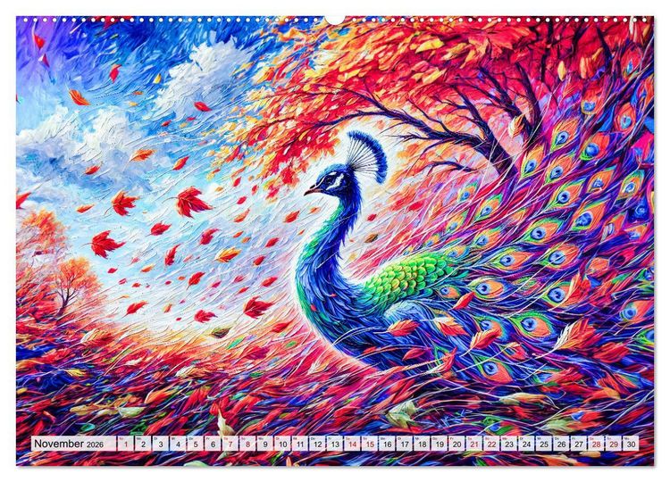 Produktbild: Tanz der Pfauen - Jahreszeiten in abstrakter Eleganz (hochwertiger Premium Wandkalender 2026 DIN A2 quer), Kunstdruck in Hochglanz