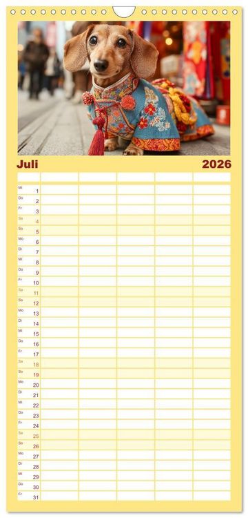 Produktbild: Familienplaner 2026 - Dackel auf gro&szlig;er Tour - S&uuml;&szlig;e Hunde entdecken die Welt mit 5 Spalten (Wandkalender, 21 x 45 cm) CALVENDO