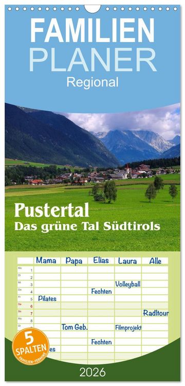 Produktbild: Familienplaner 2026 - Pustertal - Das gr&uuml;ne Tal S&uuml;dtirols mit 5 Spalten (Wandkalender, 21 x 45 cm) CALVENDO