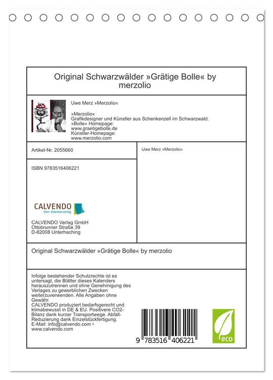 Produktbild: Original Schwarzw&auml;lder &raquo;Gr&auml;tige Bolle&laquo; by merzolio (Tischkalender 2026 DIN A5 hoch), CALVENDO Monatskalender