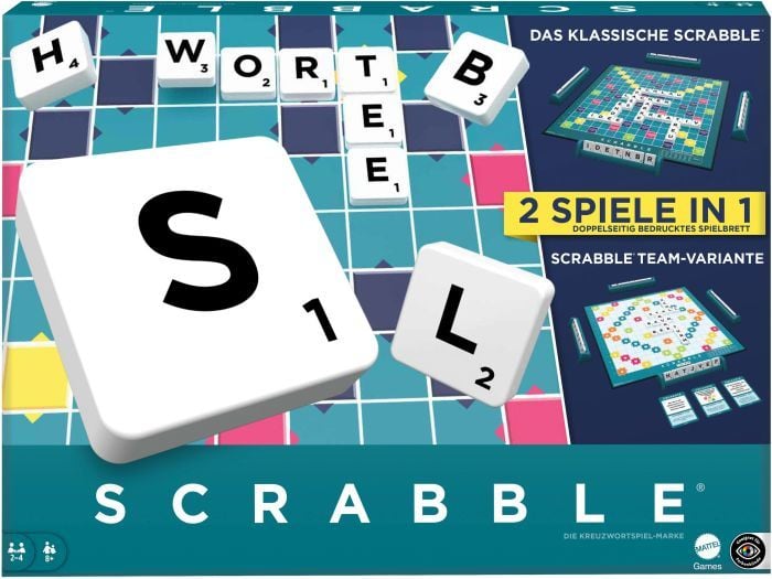 Produktbild: Scrabble Brettspiel, klassisches Familienwortspiel mit zwei Spielmöglichkeiten für 24 Spieler, deutsche Ausgabe