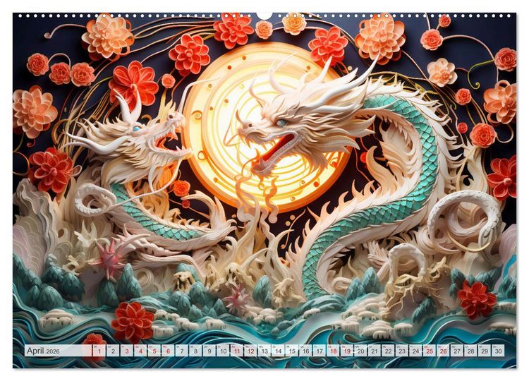 Produktbild: Quilling-Drachen - Jahr des Drachen (hochwertiger Premium Wandkalender 2026 DIN A2 quer), Kunstdruck in Hochglanz