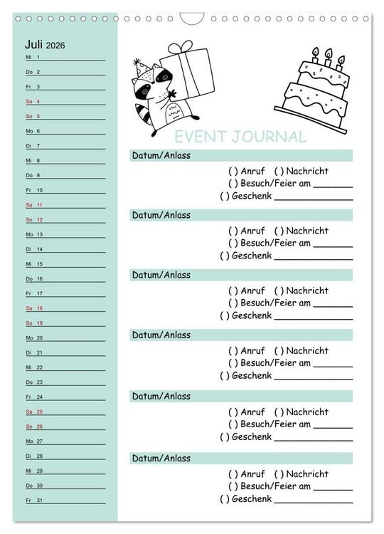 Produktbild: Geburtstagsplaner Doodle Tiere - F&uuml;r Termine, Geschenke, Eventdetails & mehr (Wandkalender 2026 DIN A3 hoch), CALVENDO Monatskalender