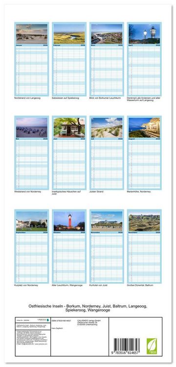 Produktbild: Familienplaner 2026 - Ostfriesische Inseln - Borkum, Norderney, Juist, Baltrum, Langeoog, Spiekeroog, Wangerooge mit 5 Spalten (Wandkalender, 21 x 45 cm) CALVENDO