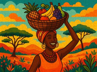 Produktbild: CALVENDO Puzzle Frau mit Fr&uuml;chtekorb - Sonne, Stolz und Lebensfreude - Ein Motiv aus dem Kalender AFRIKA VIBES | 1000 Teile Lege-Gr&ouml;&szlig;e 64x48cm Foto-Pu
