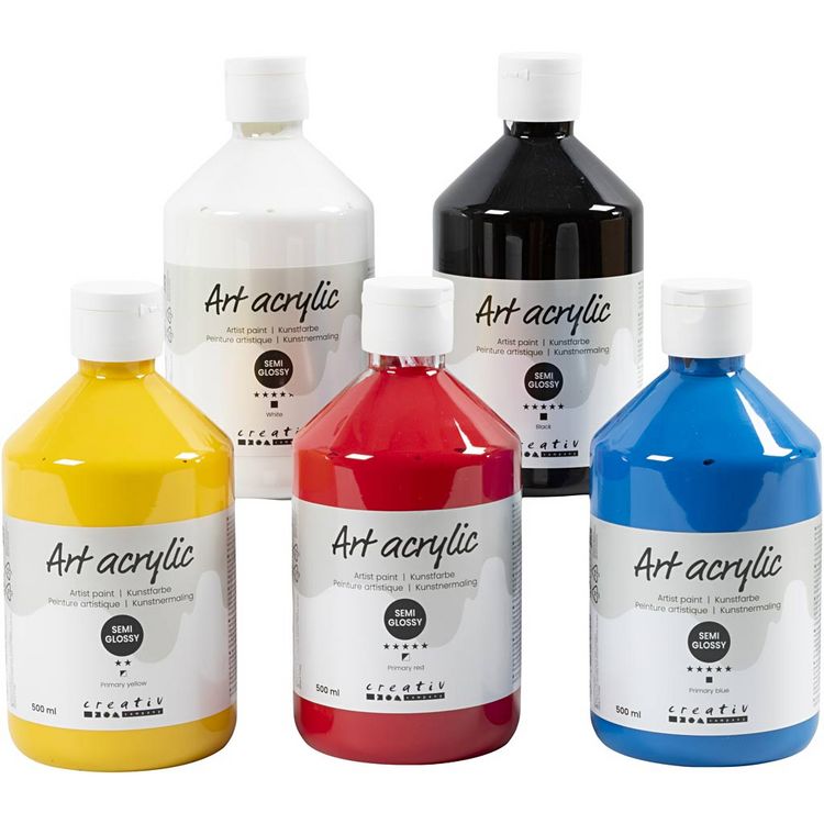 Produktbild: Creativ Company Acrylfarbe, Mattgl&auml;nzend, Prim&auml;rfarben, 5x500 ml