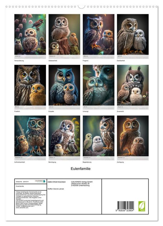 Produktbild: Eulenfamilie (hochwertiger Premium Wandkalender 2026 DIN A2 hoch), Kunstdruck in Hochglanz