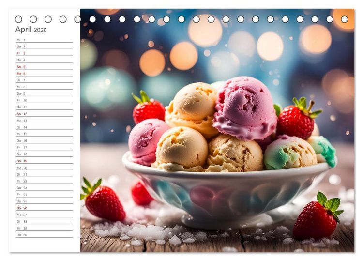 Produktbild: K&ouml;stliche Versuchung - Der zuckers&uuml;&szlig;e Eiscreme Geburtstagskalender mit erfrischenden KI Eisgen&uuml;ssen (Tischkalender 2026 DIN A5 quer), CALVENDO Monatskalender