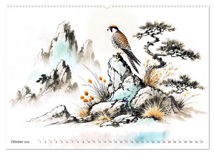 Produktbild: Federleicht - Vogelwelt im Stile asiatischer Tuschmalerei (hochwertiger Premium Wandkalender 2026 DIN A2 quer), Kunstdruck in Hochglanz