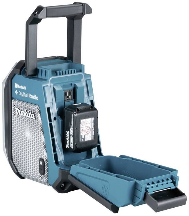 Produktbild: Makita DMR115 Baustellenradio DAB, DAB+ AUX, Bluetooth&reg;, USB spritzwassergesch&uuml;tzt, sto&szlig;fest T&uuml;rkis, Schwarz, Silber
