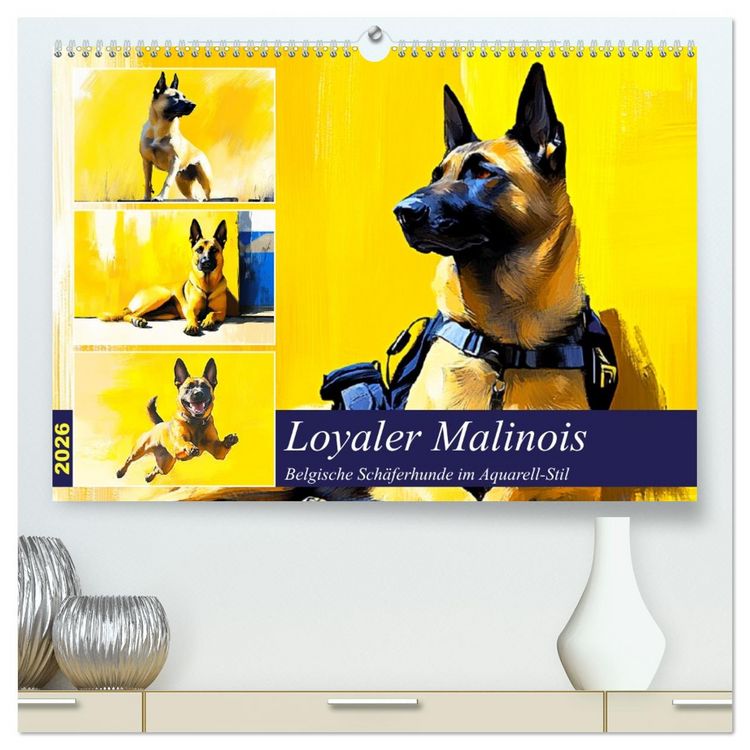 Produktbild: Loyaler Malinois. Belgische Sch&auml;ferhunde im Aquarell-Stil (hochwertiger Premium Wandkalender 2026 DIN A2 quer), Kunstdruck in Hochglanz