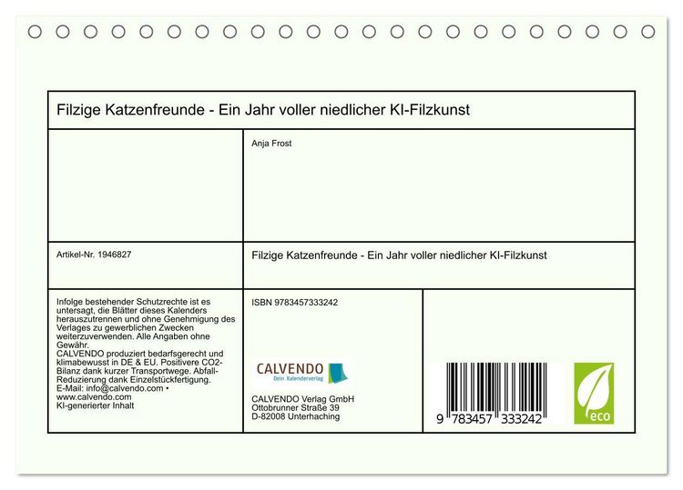 Produktbild: Filzige Katzenfreunde - Ein Jahr voller niedlicher KI-Filzkunst (Tischkalender 2026 DIN A5 quer), CALVENDO Monatskalender