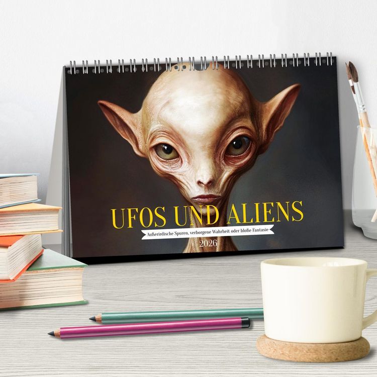 Produktbild: UFOs und Aliens - Au&szlig;erirdische Spuren, verborgene Wahrheit oder blo&szlig;e Fantasie (Tischkalender 2026 DIN A5 quer), CALVENDO Monatskalender