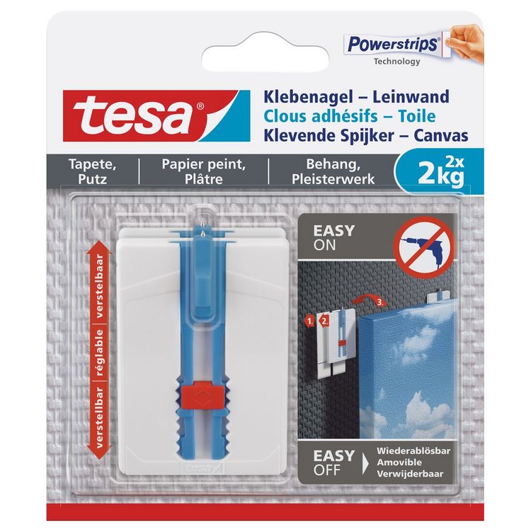 Produktbild: TESA&reg; Powerstrips&reg; Klebenagel Leinwand f&uuml;r Tapete & Putz verstellbar, weiss