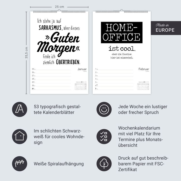 Produktbild: Typo-Spr&uuml;che-Kalender s/w Wochenplaner 2027 - mit 53 witzigen Spr&uuml;chen