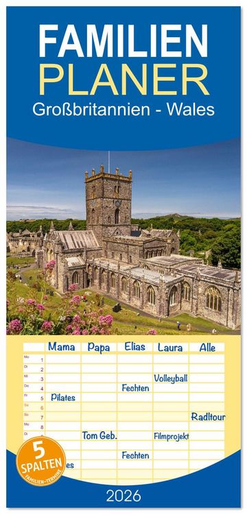Produktbild: Familienplaner 2026 - Gro&szlig;britannien - Wales mit 5 Spalten (Wandkalender, 21 x 45 cm) CALVENDO