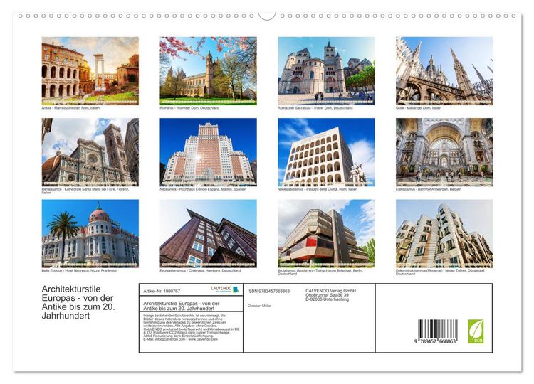 Produktbild: Architekturstile Europas - von der Antike bis zum 20. Jahrhundert (hochwertiger Premium Wandkalender 2026 DIN A2 quer), Kunstdruck in Hochglanz