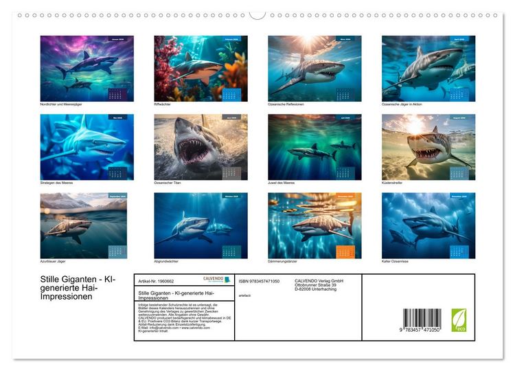 Produktbild: Stille Giganten - KI-generierte Hai-Impressionen (hochwertiger Premium Wandkalender 2026 DIN A2 quer), Kunstdruck in Hochglanz