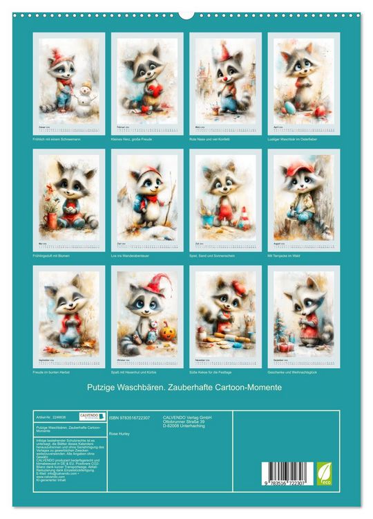 Produktbild: Putzige Waschb&auml;ren. Zauberhafte Cartoon-Momente (hochwertiger Premium Wandkalender 2026 DIN A2 hoch), Kunstdruck in Hochglanz