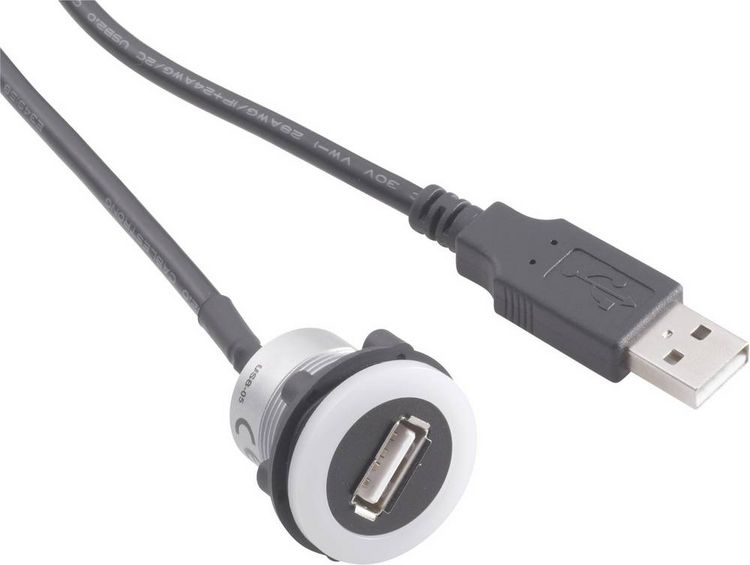 Produktbild: TRU Components USB-05-BK USB-Einbaubuchse 2.0 Buchse, Einbau, Stecker USB-Buchse Typ A, beleuchtet auf USB-Stecker Typ A mit 60cm