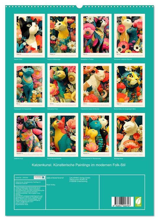 Produktbild: Katzenkunst. K&uuml;nstlerische Paintings im modernen Folk-Stil (hochwertiger Premium Wandkalender 2026 DIN A2 hoch), Kunstdruck in Hochglanz