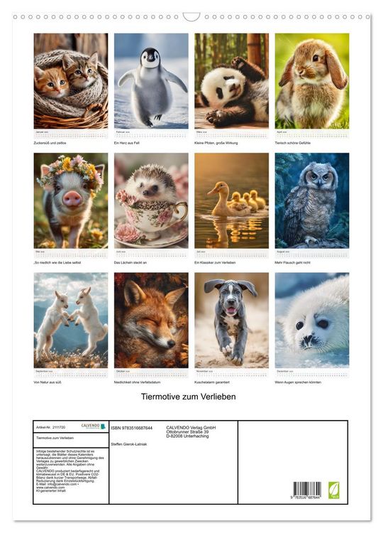 Produktbild: Tiermotive zum Verlieben (Wandkalender 2026 DIN A2 hoch), CALVENDO Monatskalender