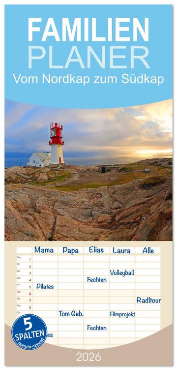 Produktbild: Familienplaner 2026 - Vom Nordkap zum S&uuml;dkap mit 5 Spalten (Wandkalender, 21 x 45 cm) CALVENDO