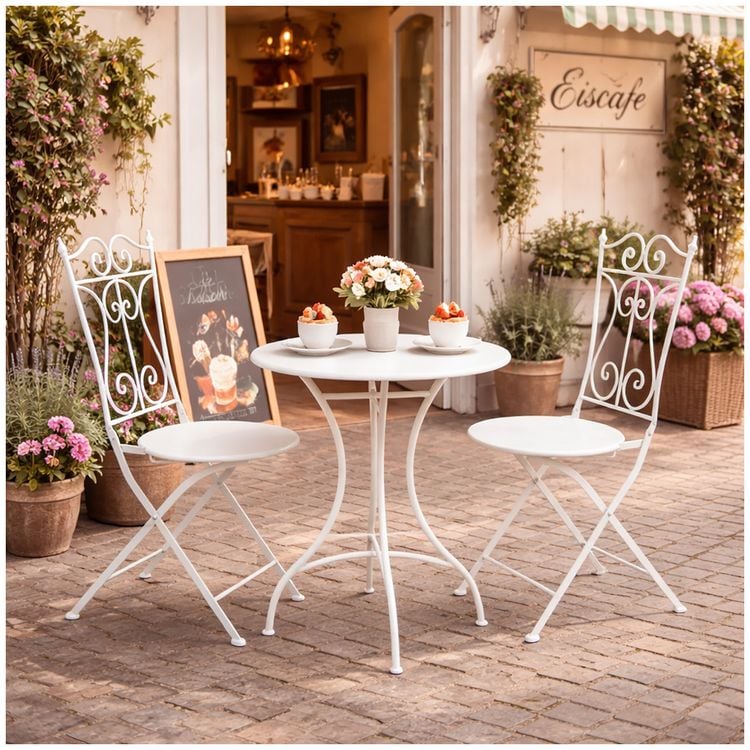 Produktbild: HTI-Living Bistro Sitzgruppe Metall Creme Tisch mit 2 St&uuml;hlen Balkon Set Gartenm&ouml;bel