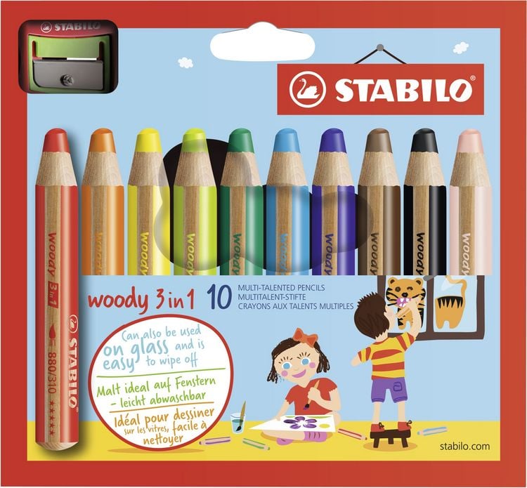 Produktbild: STABILO Buntstift, Wasserfarbe & Wachsmalkreide - woody 3 in 1 - 10er Pack mit Spitzer - mit 10 verschiedenen Farben