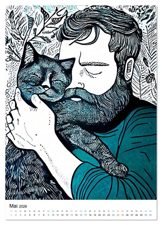 Produktbild: Katzen Linolschnitt - Der Kalender mit kunstvollen Portr&auml;ts der Samtpfoten (Wandkalender 2026 DIN A3 hoch), CALVENDO Monatskalender