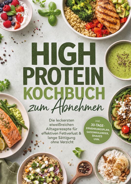 Produktbild: High Protein Kochbuch zum Abnehmen: Die leckersten eiwei&szlig;reichen Alltagsrezepte f&uuml;r effektiven Fettverlust & lange S&auml;ttigung ohne Verzicht - inkl. 30-