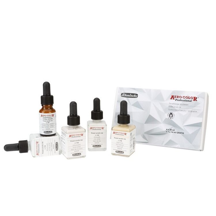Produktbild: Schmincke AEROCOLOR Kartonset, 4 x 28 ml + 1 x 14 ml Wei&szlig;