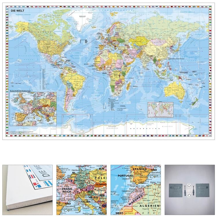 Produktbild: Weltkarte mit Ausschnitt Zentraleuropa zum Pinnen auf EasyPrint - Platte mit Wandhalterung