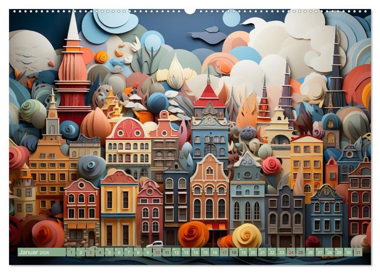 Produktbild: Papierschicktkunst - farbenfohe St&auml;dte (hochwertiger Premium Wandkalender 2026 DIN A2 quer), Kunstdruck in Hochglanz