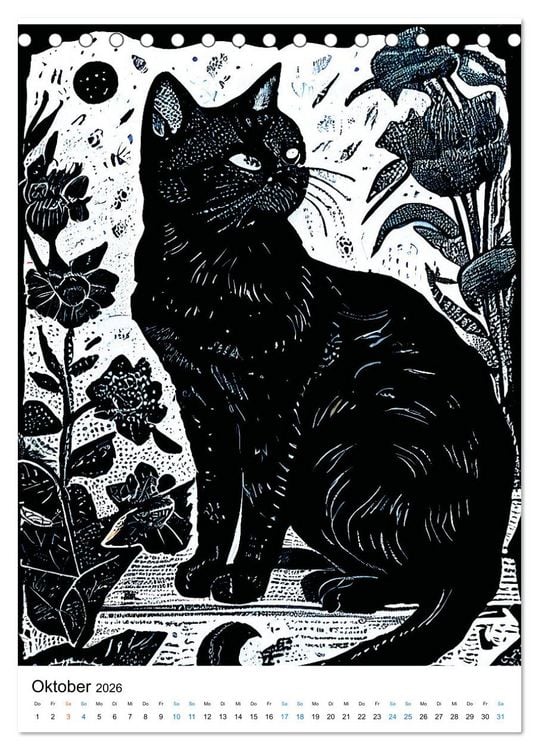 Produktbild: Katzen Linolschnitt - Der Kalender mit kunstvollen Portr&auml;ts der Samtpfoten (Tischkalender 2026 DIN A5 hoch), CALVENDO Monatskalender