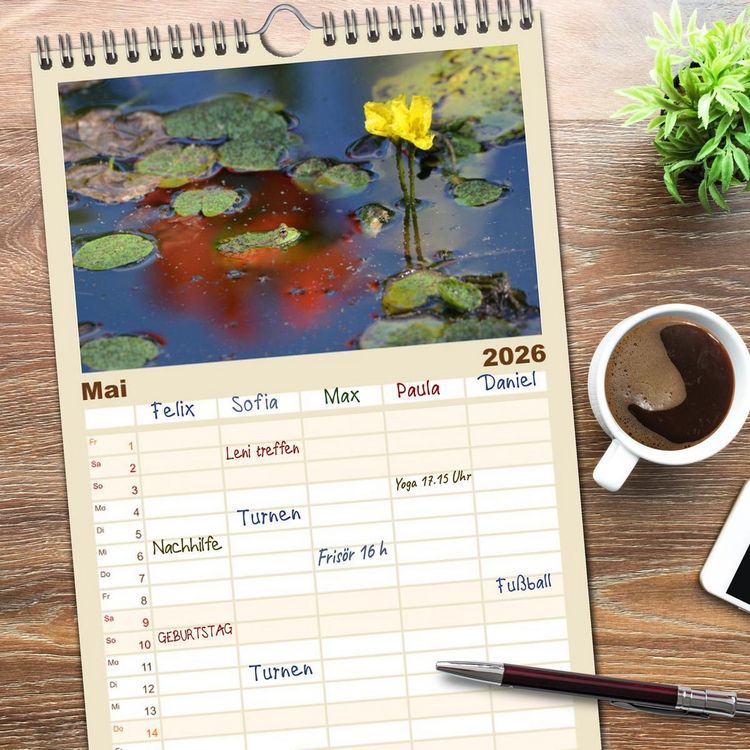 Produktbild: Familienplaner 2026 - Frosch Karl, Hans und Max im Einklang der Natur mit 5 Spalten (Wandkalender, 21 x 45 cm) CALVENDO