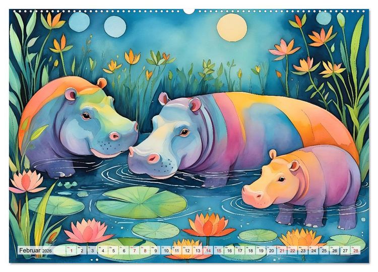 Produktbild: Hippos bekennen Farbe - kunterbunter Nilpferdspa&szlig; (Wandkalender 2026 DIN A2 quer), CALVENDO Monatskalender