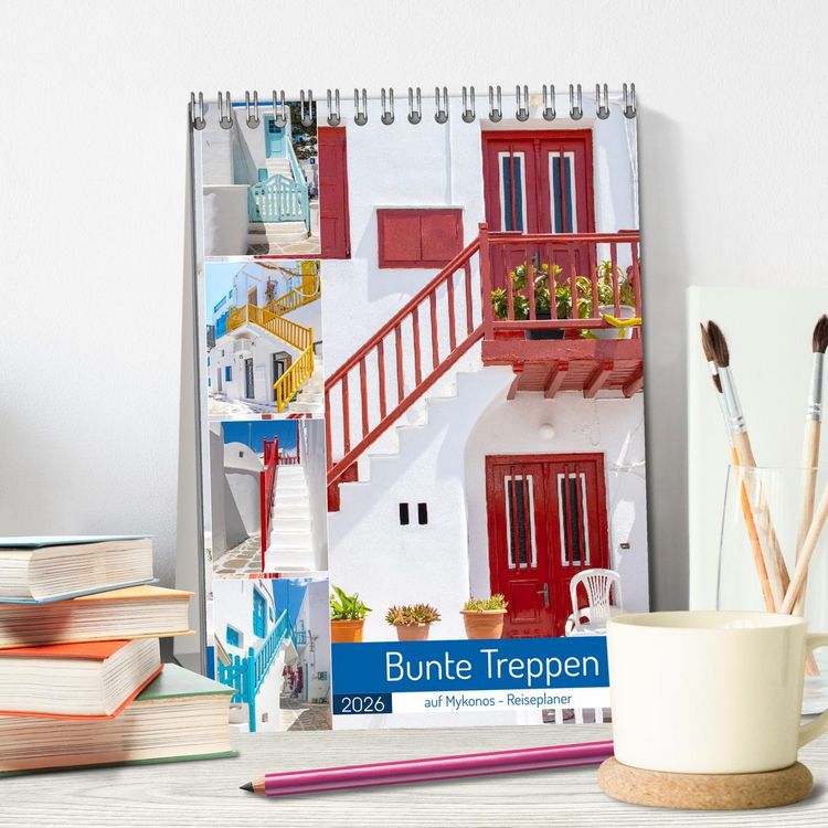 Produktbild: Bunte Treppen auf Mykonos - Reiseplaner (Tischkalender 2026 DIN A5 hoch), CALVENDO Monatskalender