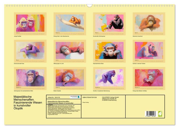 Produktbild: Majest&auml;tische Menschenaffen. Faszinierende Wesen in kunstvoller &Ouml;loptik (Wandkalender 2026 DIN A2 quer), CALVENDO Monatskalender