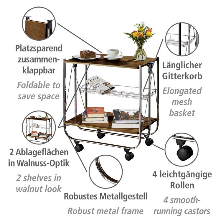 Produktbild: Servierwagen Mod. Dinett Deluxe Walnuss, zusammenklappbar