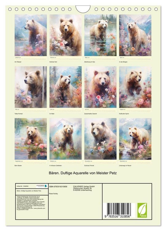 Produktbild: B&auml;ren. Duftige Aquarelle von Meister Petz (Wandkalender 2026 DIN A4 hoch), CALVENDO Monatskalender