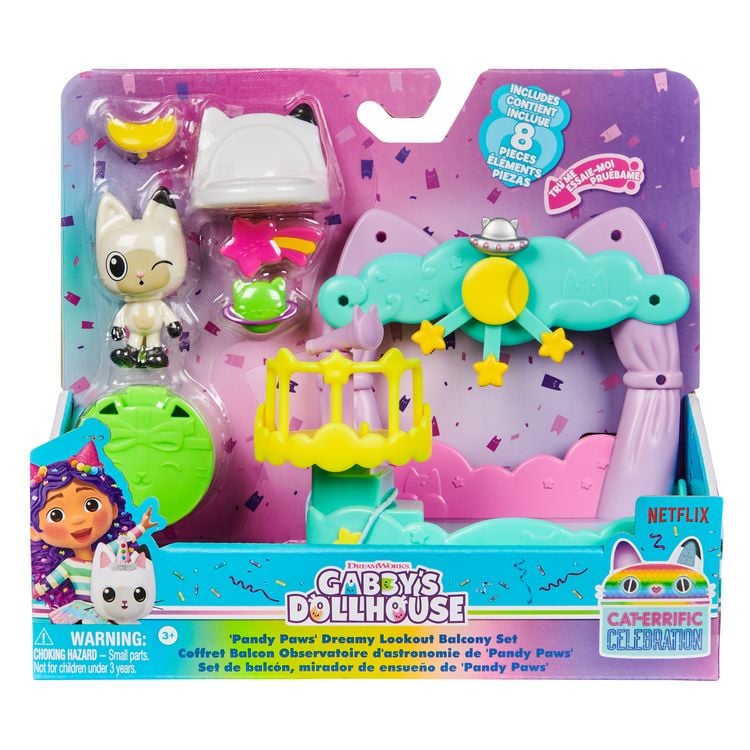 Produktbild: Gabby’s Dollhouse, Balkon-Spielset mit Katzenfigur, 8-teiliges Set mit Spielzeugfigur und Puppenhaus-Zubehörteilen