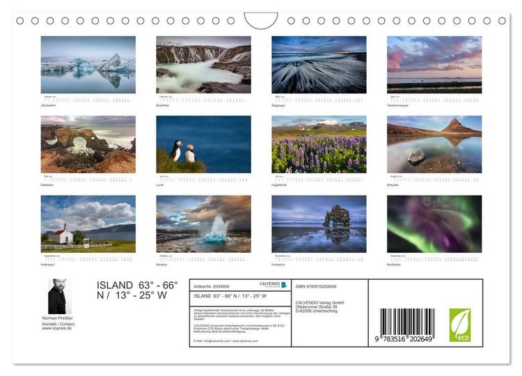 Produktbild: ISLAND 63&deg; - 66&deg; N / 13&deg; - 25&deg; W (Wandkalender 2026 DIN A4 quer), CALVENDO Monatskalender