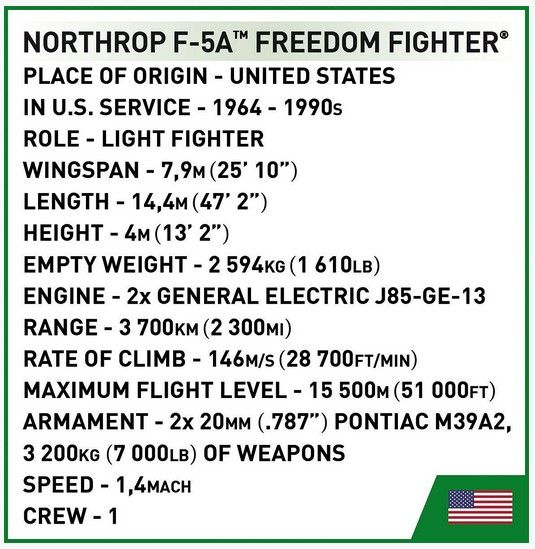 Produktbild: COBI Historical Collection 2425 - Northrop F-5A Freedom Fighter, Kampfflugzeug, Vietman War, 1:48 Bausatz, 352 Klemmbausteine/1 Figur