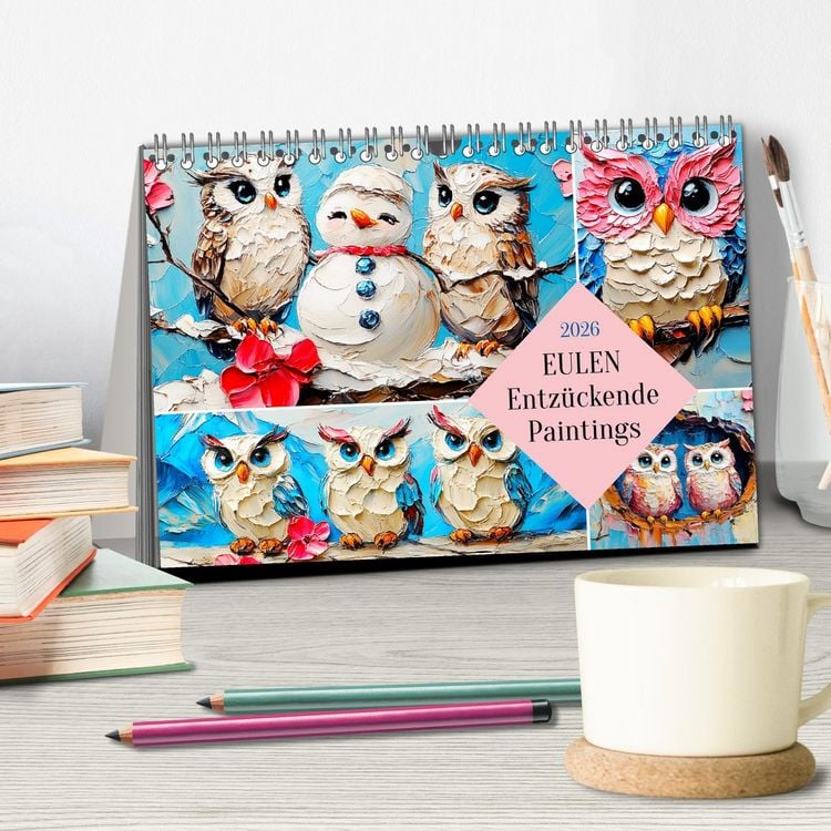 Produktbild: Eulen. Entz&uuml;ckende Paintings (Tischkalender 2026 DIN A5 quer), CALVENDO Monatskalender