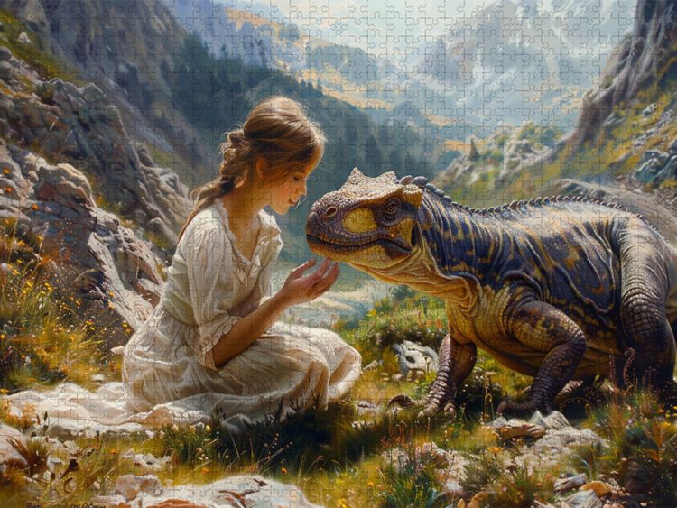 Produktbild: CALVENDO Puzzle Streicheleinheiten - junge Frau und Dinosaurier | 1000 Teile Lege-Gr&ouml;&szlig;e 64x48cm Foto-Puzzle f&uuml;r gl&uuml;ckliche Stunden