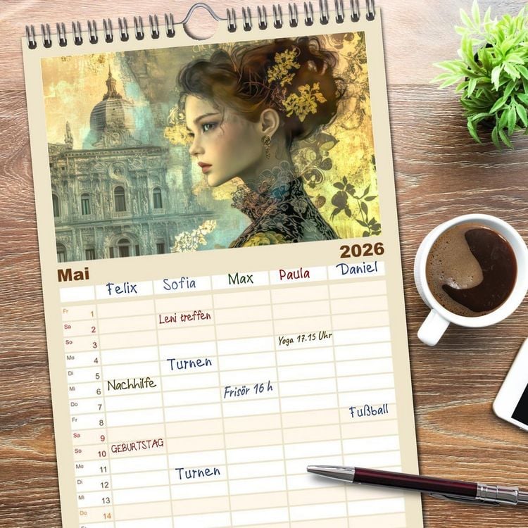 Produktbild: Familienplaner 2026 - Venezianischer Stil - In dezenten Farbt&ouml;nen mit 5 Spalten (Wandkalender, 21 x 45 cm) CALVENDO