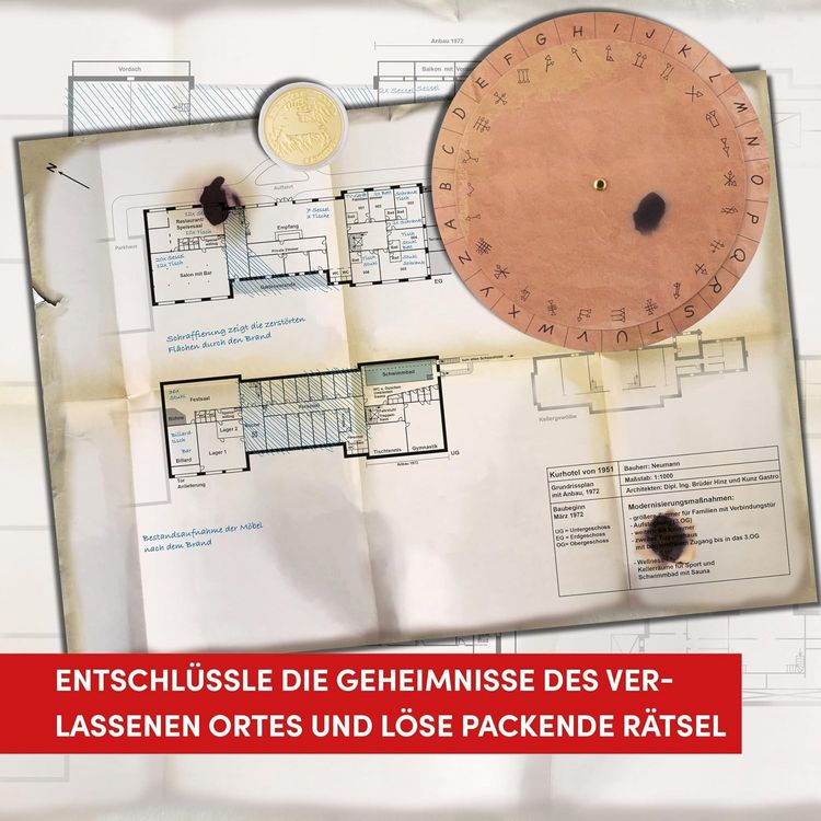 Produktbild: Lost Places R&auml;tselbox &ndash; Spuren in der Asche: Ein Krimi-R&auml;tsel f&uuml;r Zuhause. L&uuml;fte die R&auml;tsel des verlassenen Hotels