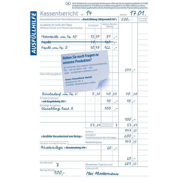 Produktbild: AVERY Zweckform Kassenbericht 50 Originale mit Blaupapier DIN A5 100 Blatt